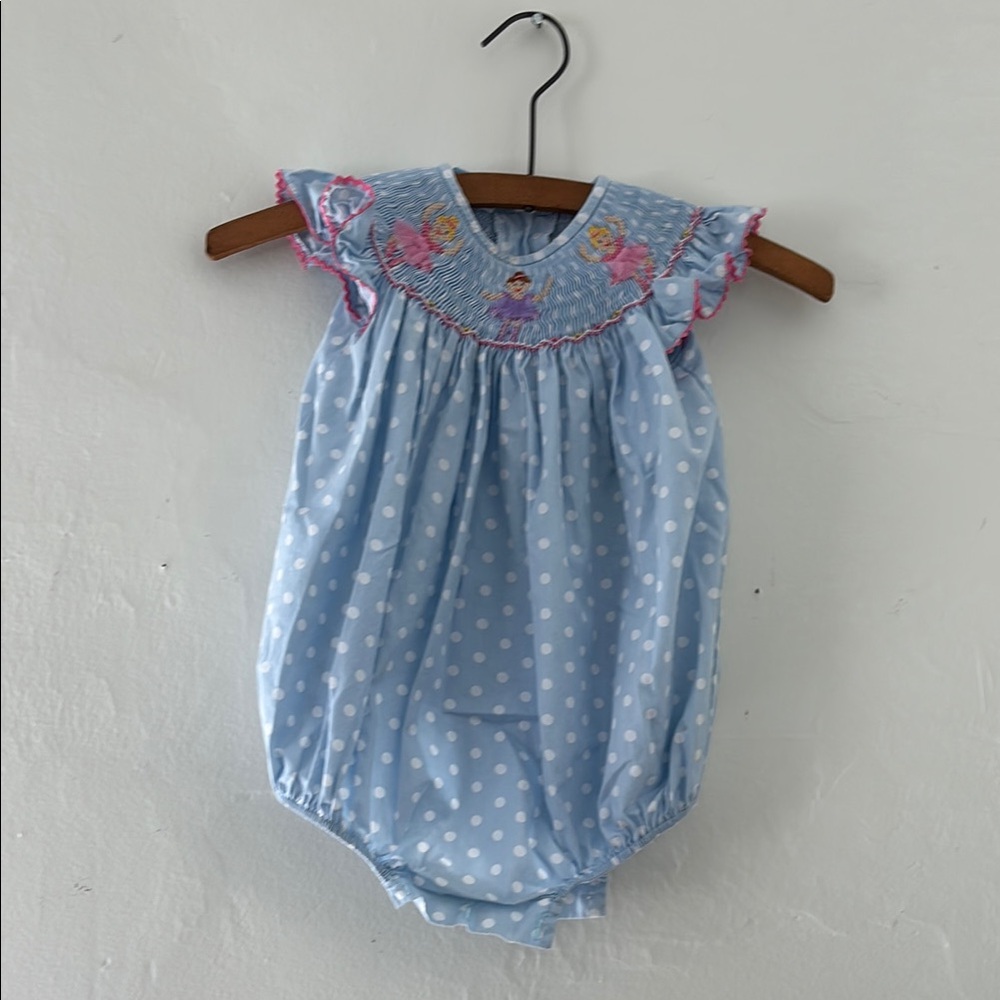 Blue Polka Dot Smocked Baby Bubble Romper